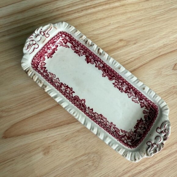 Vintage Masons Vista Red Pink Ironstone Covered Butter Dish England Landscape - Picture 5 of 12